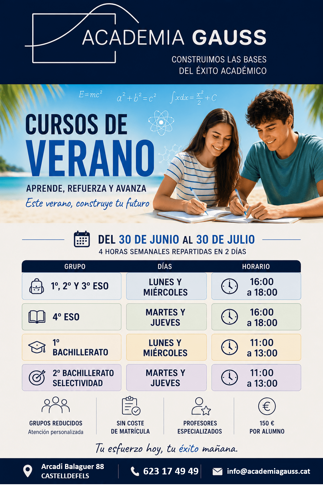 Cursos intensivos de 2º de Bachillerato en Academia Gauss Castelldefels para preparar la selectividad en ciencias